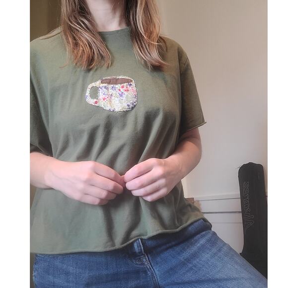 Reworked Upcycle Green Coffee Crop Crewneck Tee - Picture 1 of 4